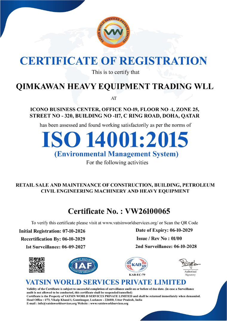 ISO 14001:2015 certificate of registration for QIMKAWAN Heavy Equipment Trading WLL