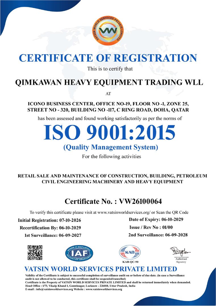 ISO 9001:2015 certificate of registration for QIMKAWAN Heavy Equipment Trading WLL