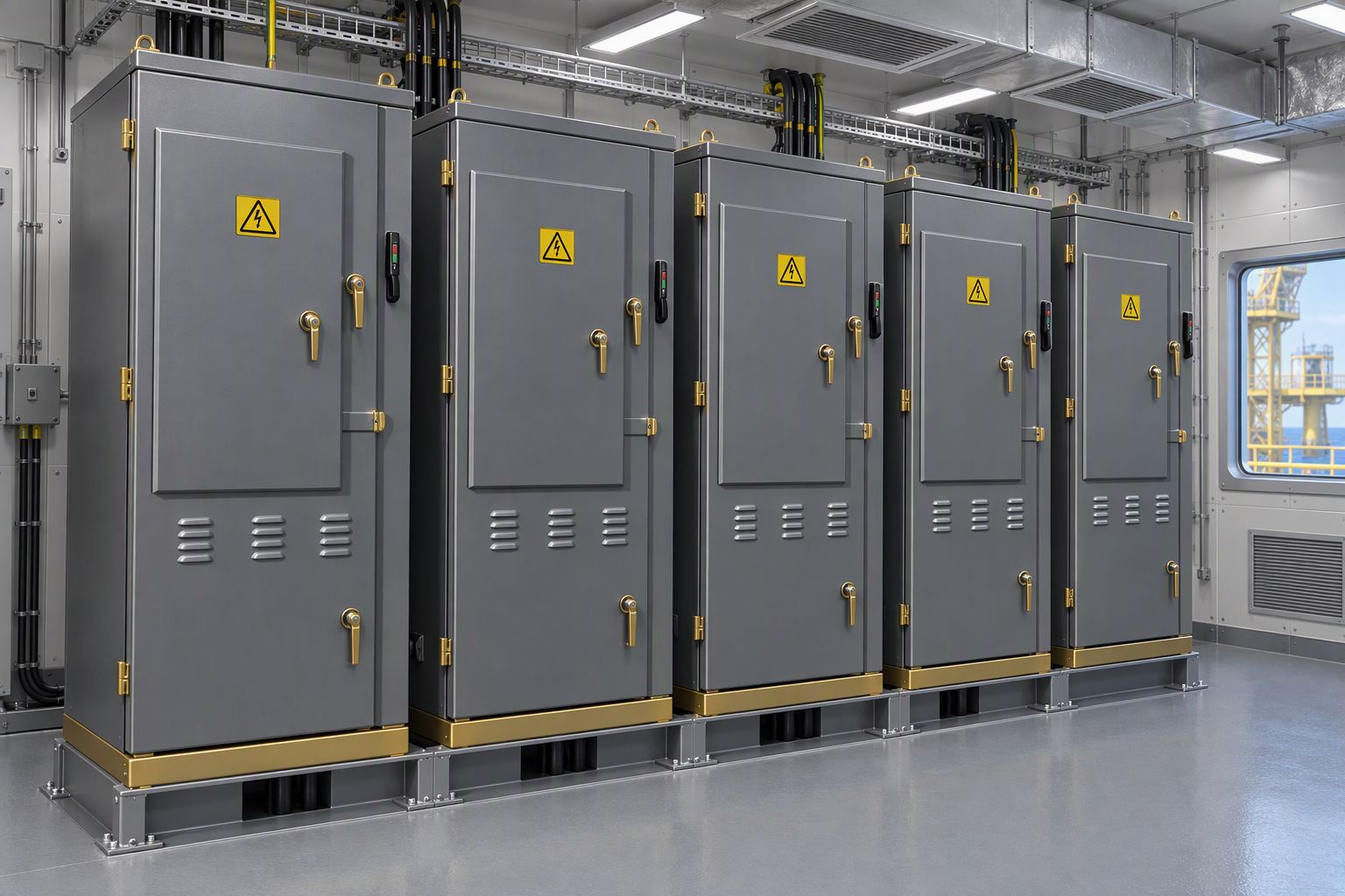 Row of grey ESP switchboard cabinets