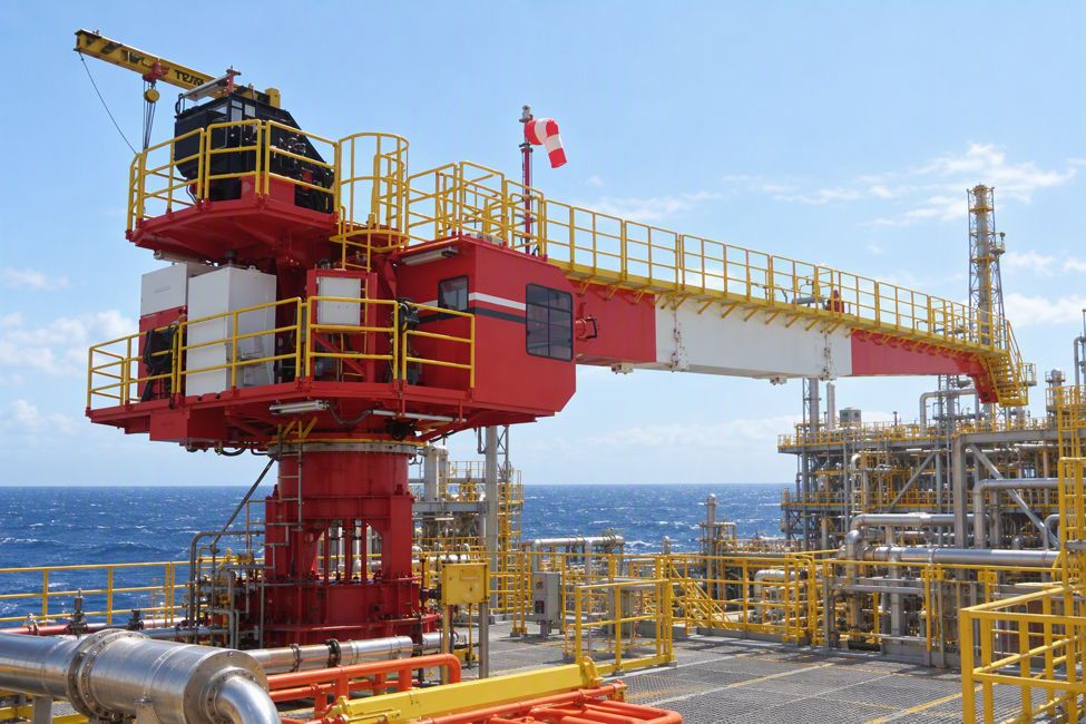 Red offshore pedestal crane on a production platform deck above open sea