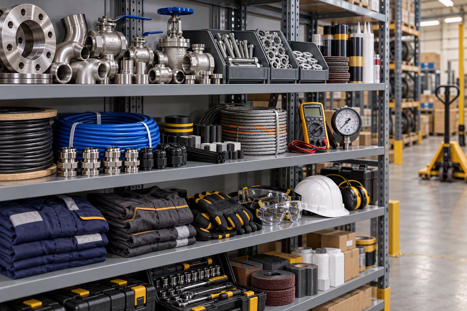 Shelving with valves, fittings, cables, gauges and workwear