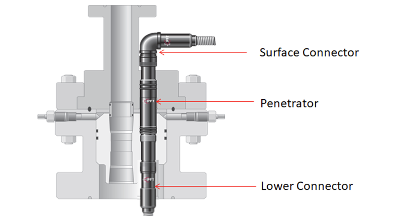 Section drawing showing surface connector, penetrator and lower connector through a wellhead