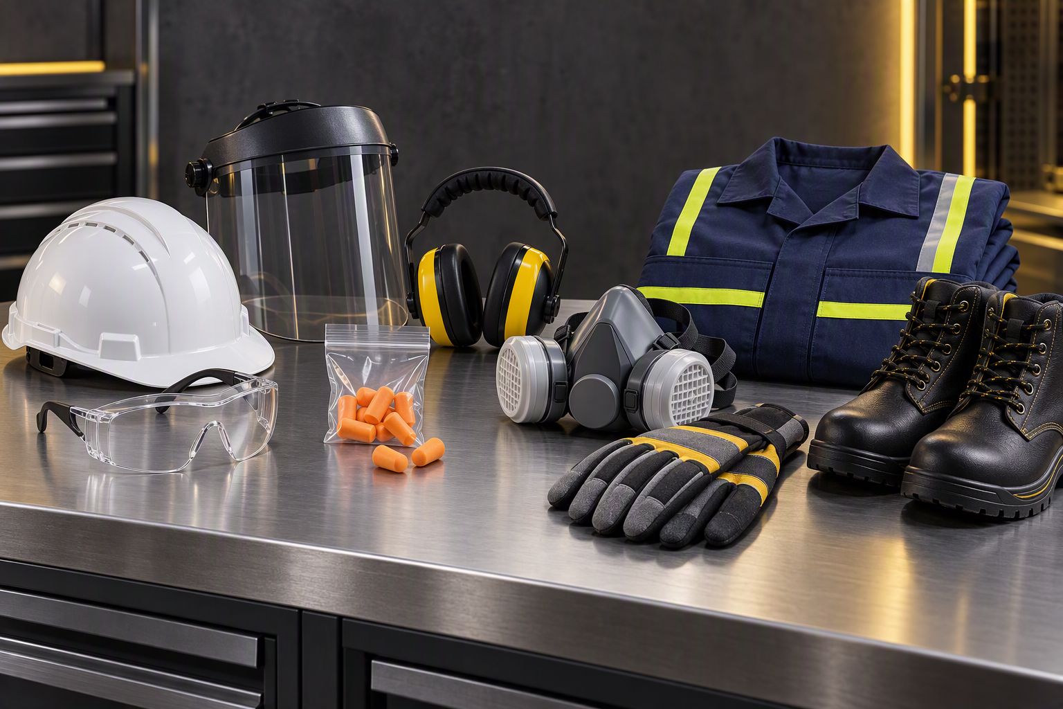 Safety helmet, face shield, ear defenders, respirator, gloves, coverall and boots
