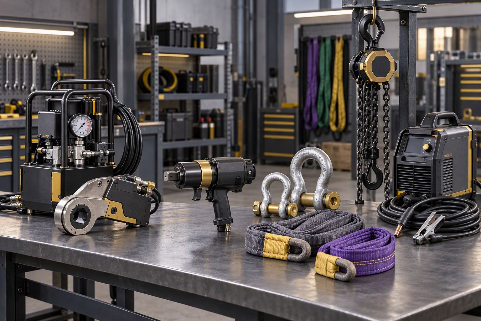 Hydraulic torque wrench, shackles, slings, chain block and welding machine